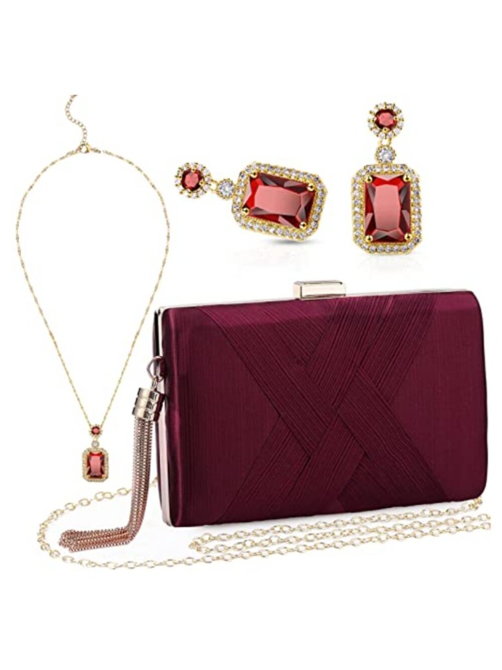 Jadive 3 Pc Velvet Clutch Purse & Rhinestone Jewelry Set Evening Bag Wedding